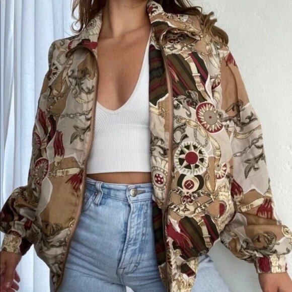 Coaco Womens Vintage New Old Stock Scarf Print Silk Bomber Jacket M/L NWT - Picture 15 of 15